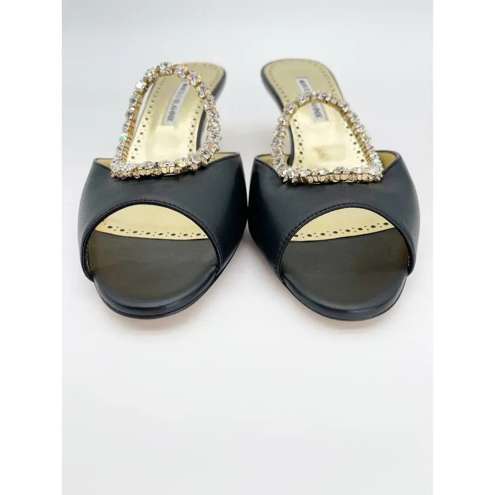 Manolo Blahnik Astria Black Gold Leather Crystal Ring Slide Mule Sandals IT 39